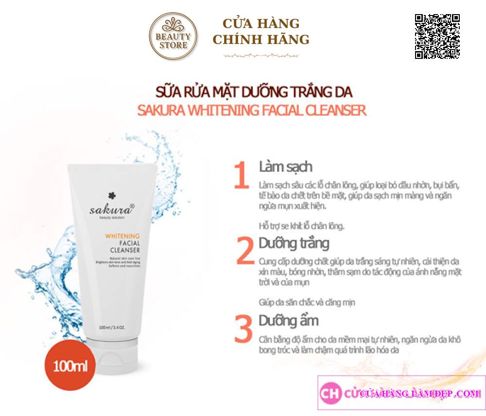 Sữa Rửa Mặt Dưỡng Trắng Da, Hỗ Trợ Ngừa Lão Hóa Sakura Whitening Facial Cleanser