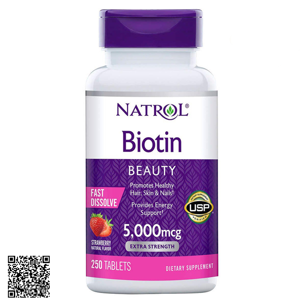Viên Ngậm Hỗ Trợ Mọc Tóc Natrol Biotin Beauty 5000mcg Extra Strength Của Mỹ 250 Viên