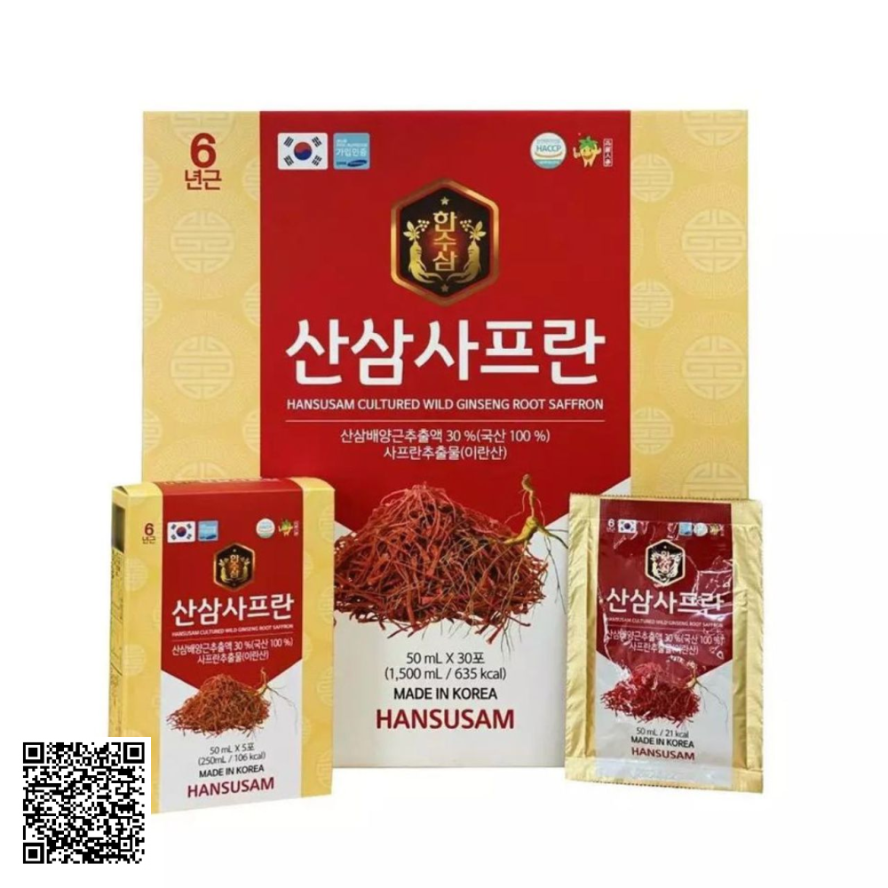 Nước Hồng Sâm Nhụy Hoa Nghệ Tây Hansusam Cultured Wild Ginseng Root Saffron Từ Hàn Quốc 30 Gói