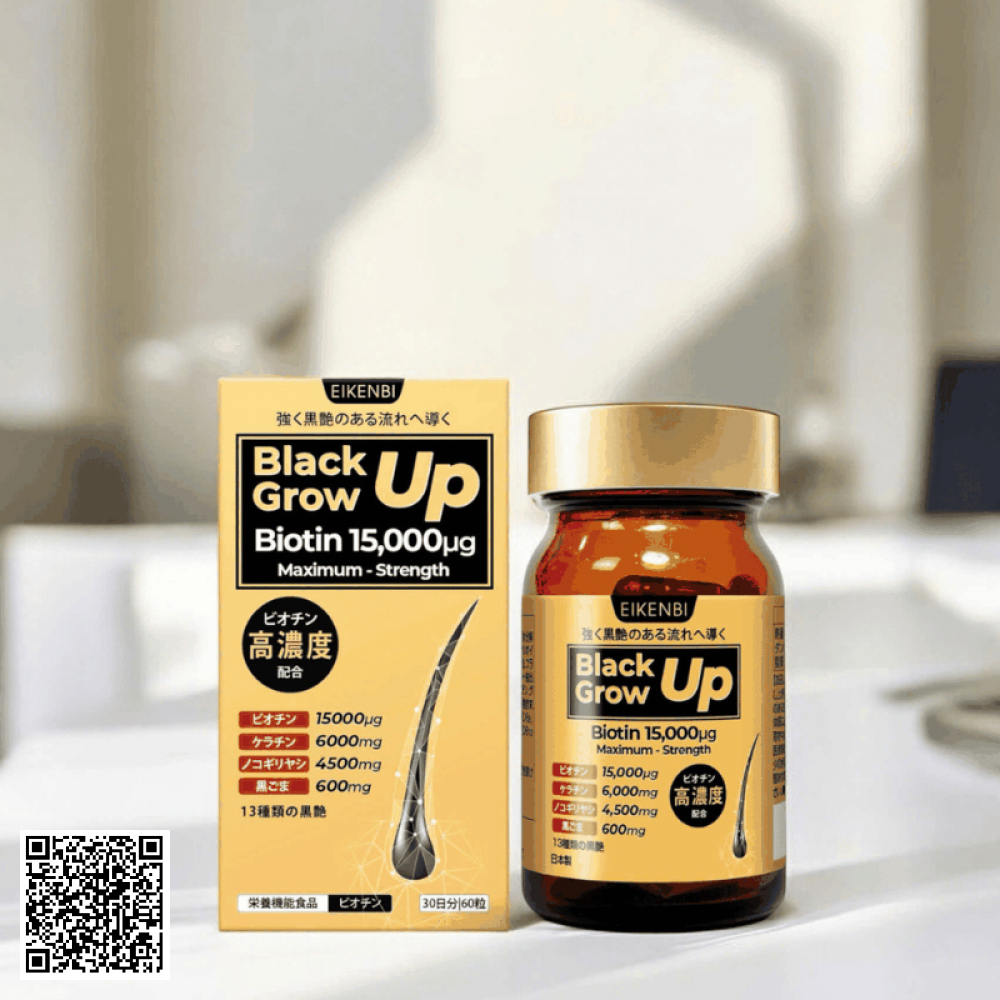 Viên Uống Mọc Tóc & Đen Tóc Black Grow Up Maximum Biotin Từ Nhật Bản Hộp 60 viên
