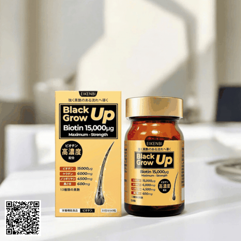 Viên Uống Mọc Tóc & Đen Tóc Black Grow Up Maximum Biotin 15,000µg Eikenbi từ Nhật Bản hộp 60 viên