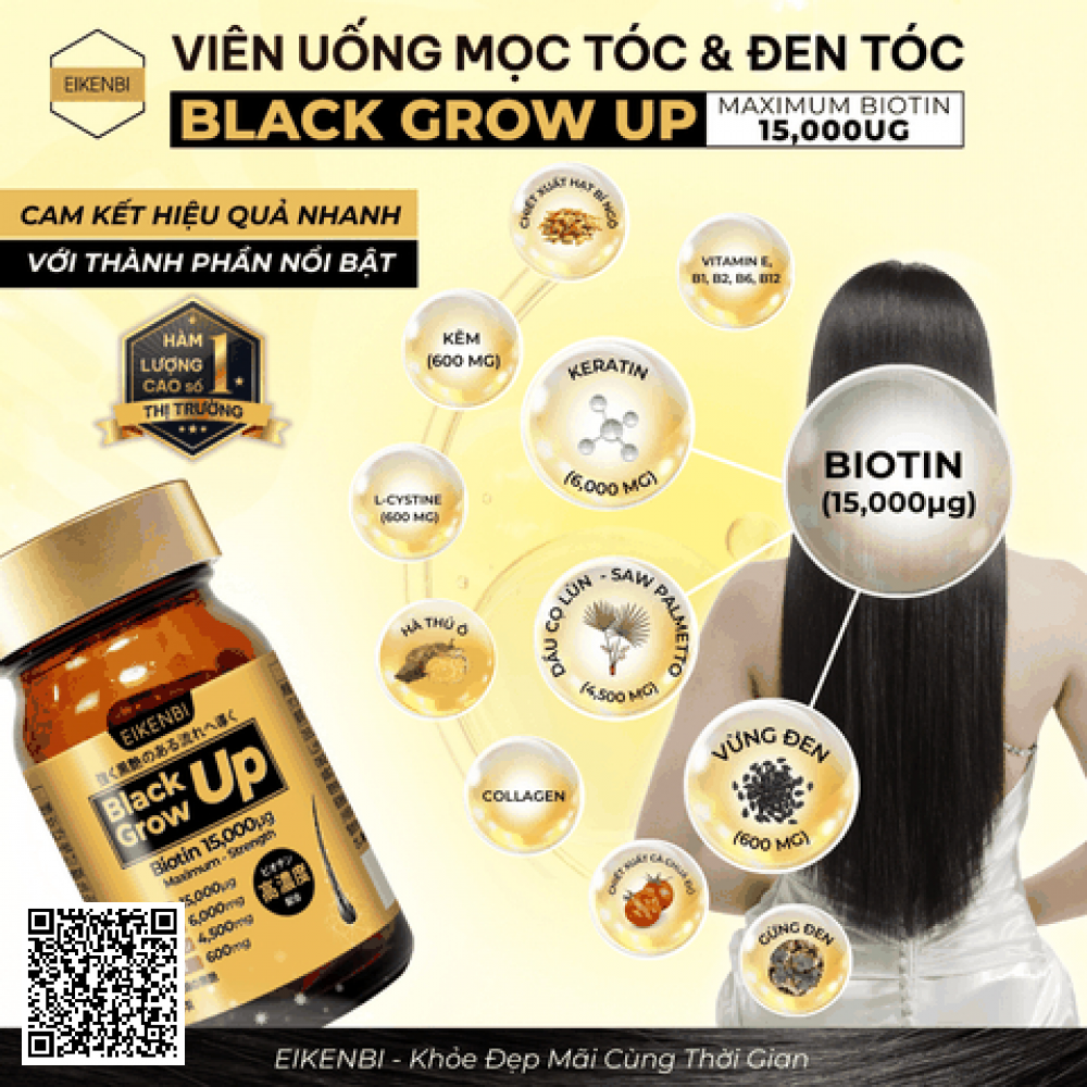 Viên Uống Mọc Tóc & Đen Tóc Black Grow Up Maximum Biotin 15,000µg Eikenbi từ Nhật Bản hộp 60 viên