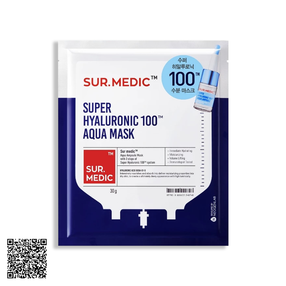 Mặt Nạ SUR.MEDIC Super Hyaluronic 100TM Aqua Mask Hỗ Trợ Cấp Nước Chuyên Sâu 30g/miếng hộp 10 miếng từ Hàn Quốc