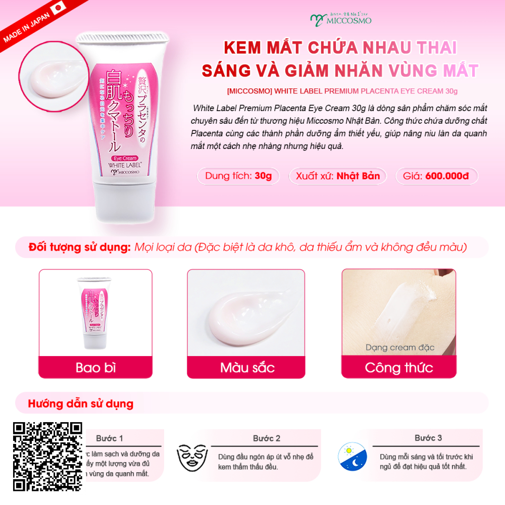 Kem dưỡng mắt White Label Premium Placenta Eye Cream Miccosmo từ Nhật Bản 30g