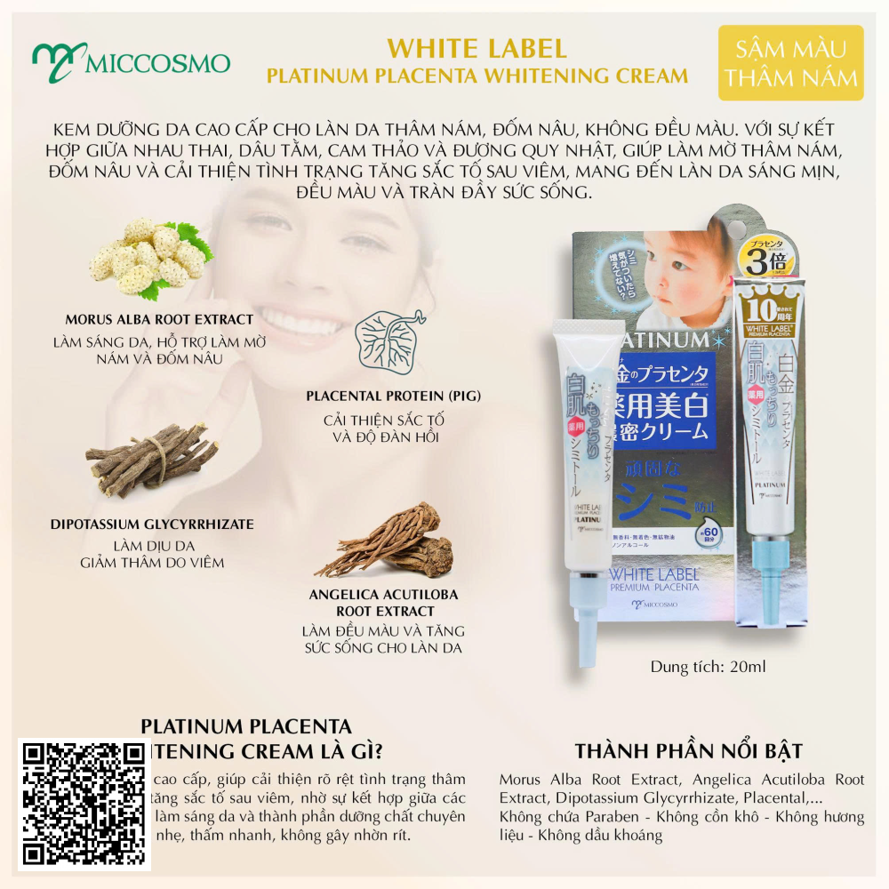 Kem dưỡng White Label Platinum Placenta Whitening Cream Miccosmo từ Nhật Bản 20g