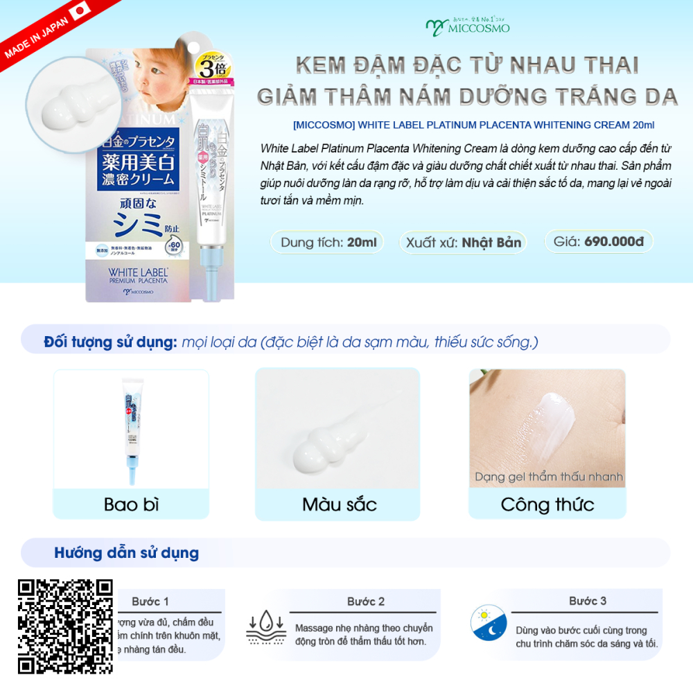 Kem dưỡng White Label Platinum Placenta Whitening Cream Miccosmo từ Nhật Bản 20g