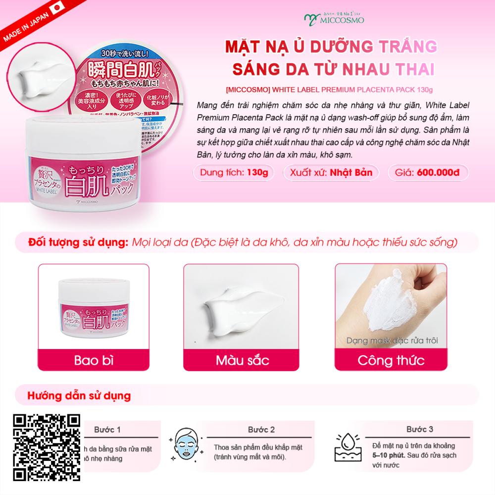 Mặt nạ ủ trắng White Label Premium Placenta Pack Miccosmo từ Nhật Bản 130g