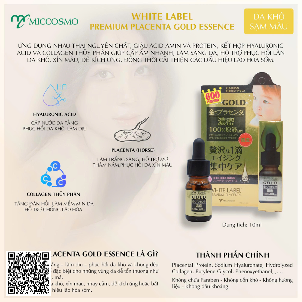 Serum dưỡng trắng sáng White Label Premium Placenta Gold Essence Miccosmo từ Nhật Bản 10ml