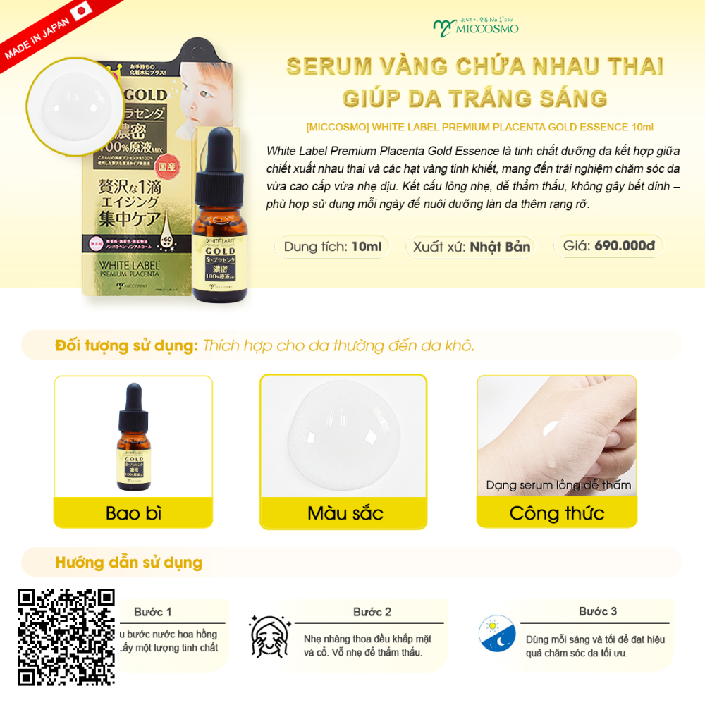 Serum dưỡng trắng sáng White Label Premium Placenta Gold Essence Miccosmo từ Nhật Bản 10ml
