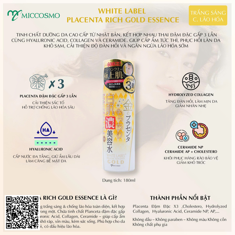 Tinh chất cấp ẩm White Label Placenta Rich Gold Essence Miccosmo từ Nhật Bản 180ml