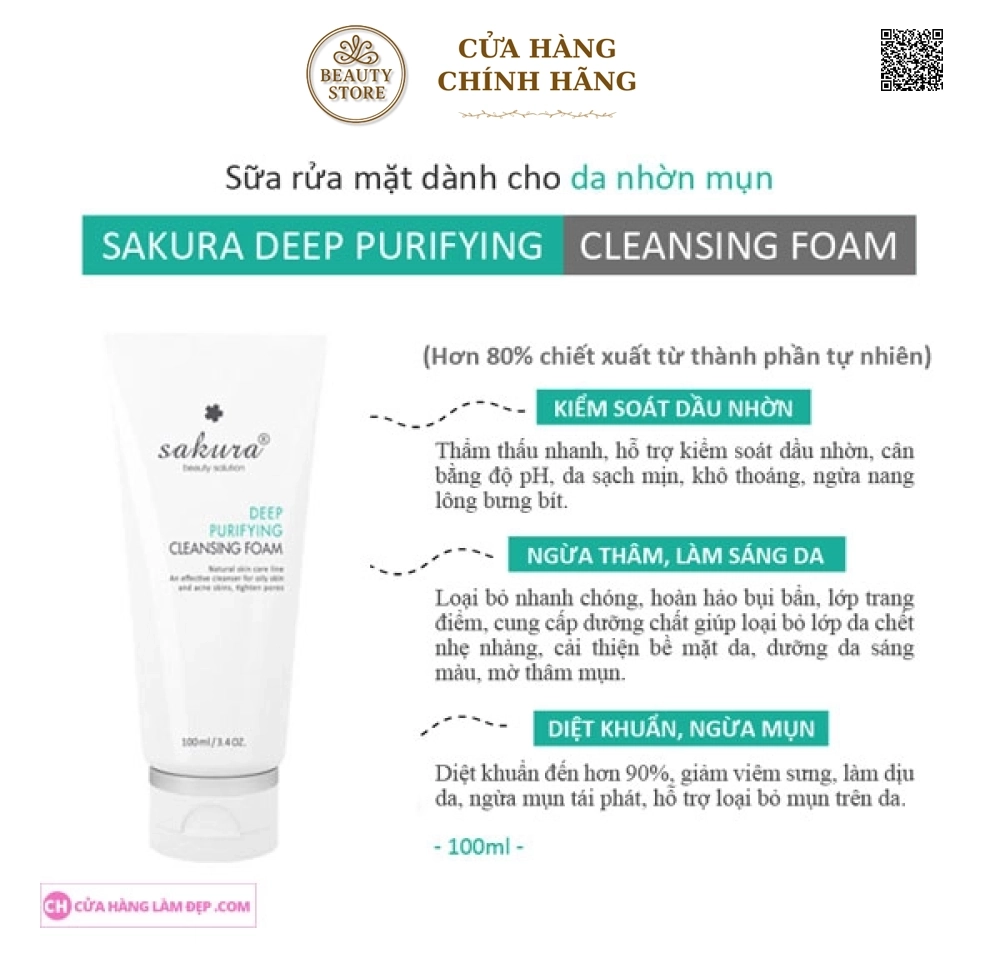 Sữa Rửa Mặt Dành Cho Da Dầu, Mụn Sakura Deep Purifying Cleansing Foam