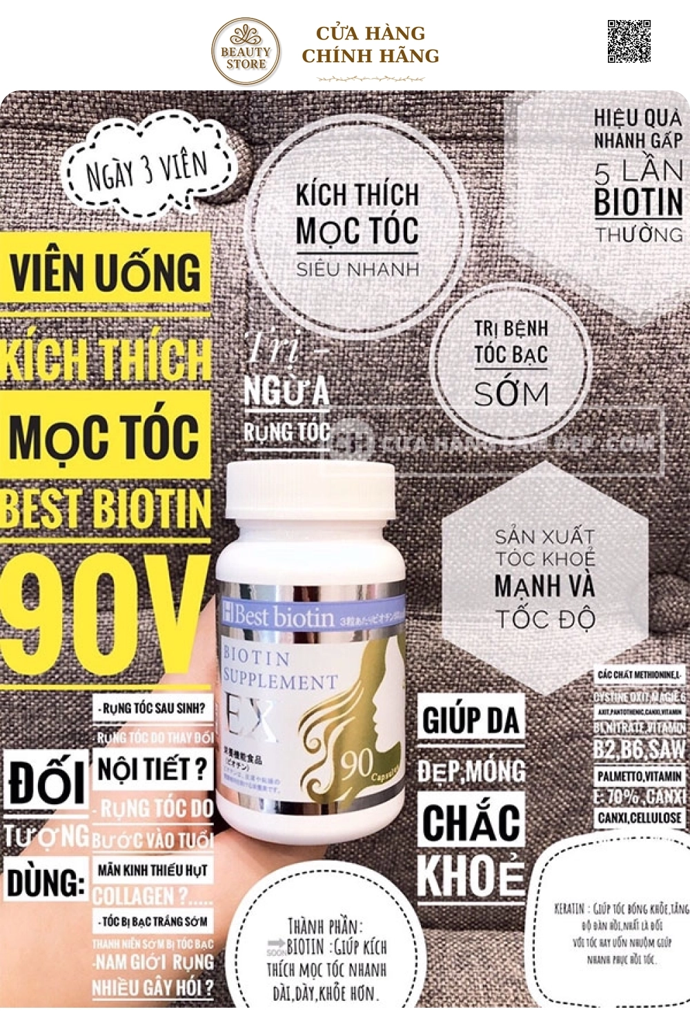 Viên Uống Mọc Tóc Best Biotin Supplement EX 90 Viên Nhật Bản