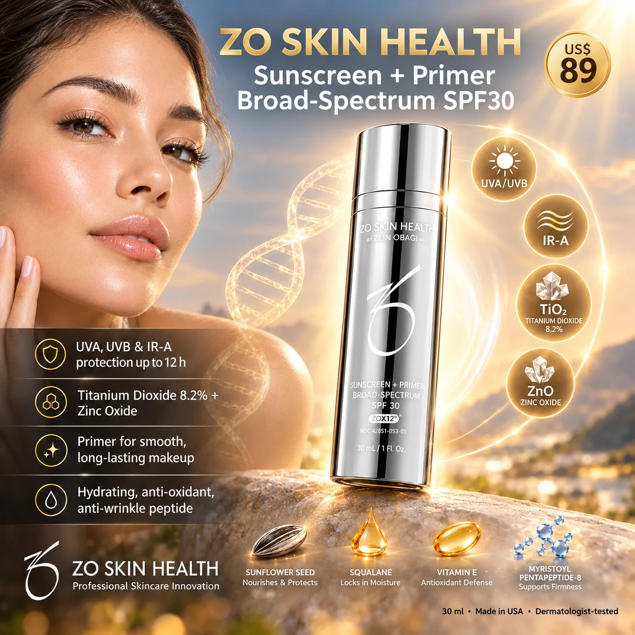 ZO Skin Health Sunscreen + Primer SPF30 – Kem Chống Nắng Broad Spectrum 30ml từ Mỹ