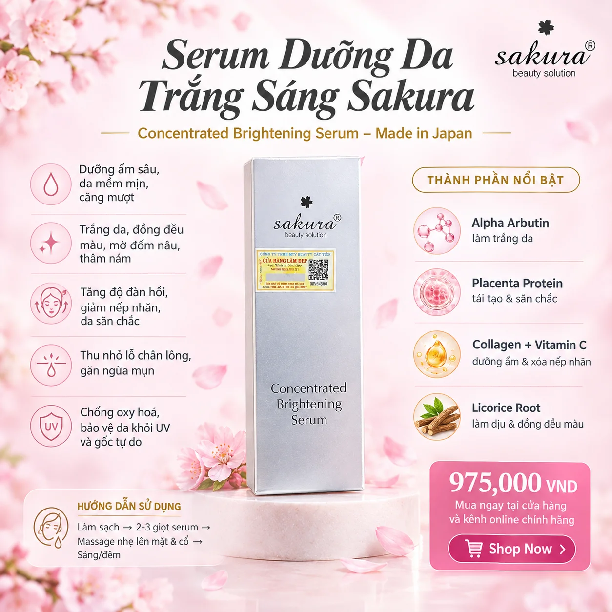 Serum Dưỡng Da Trắng Sáng Sakura Concentrated Brightening Serum – Hiệu Quả Trắng Da, Giảm Lão Hóa từ Nhật Bản