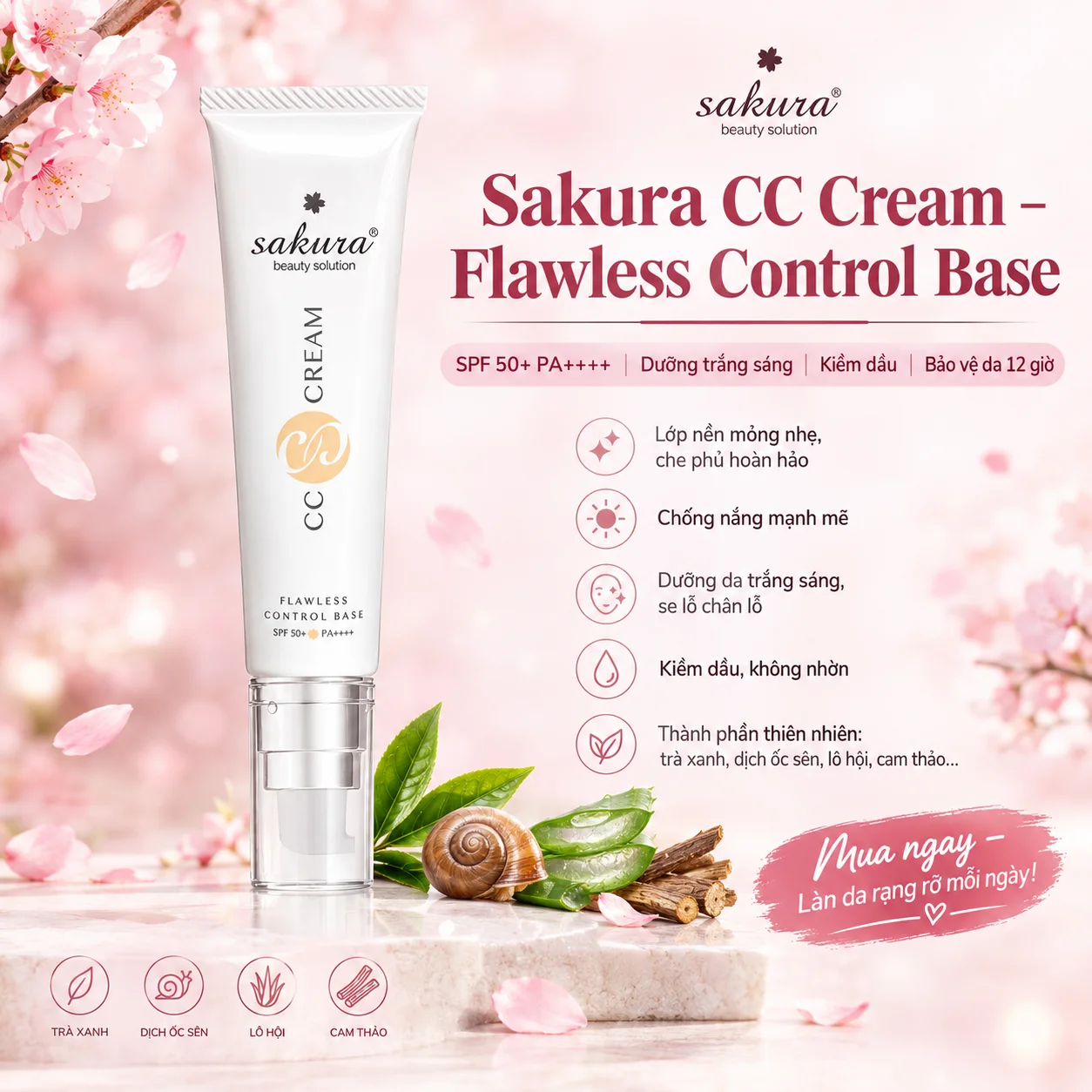 Kem Trang Điểm Chống Nắng Sakura CC Cream Flawless Control Base SPF50+ PA++++ – Làn Da Mịn Màng, Bảo Vệ Toàn Diện