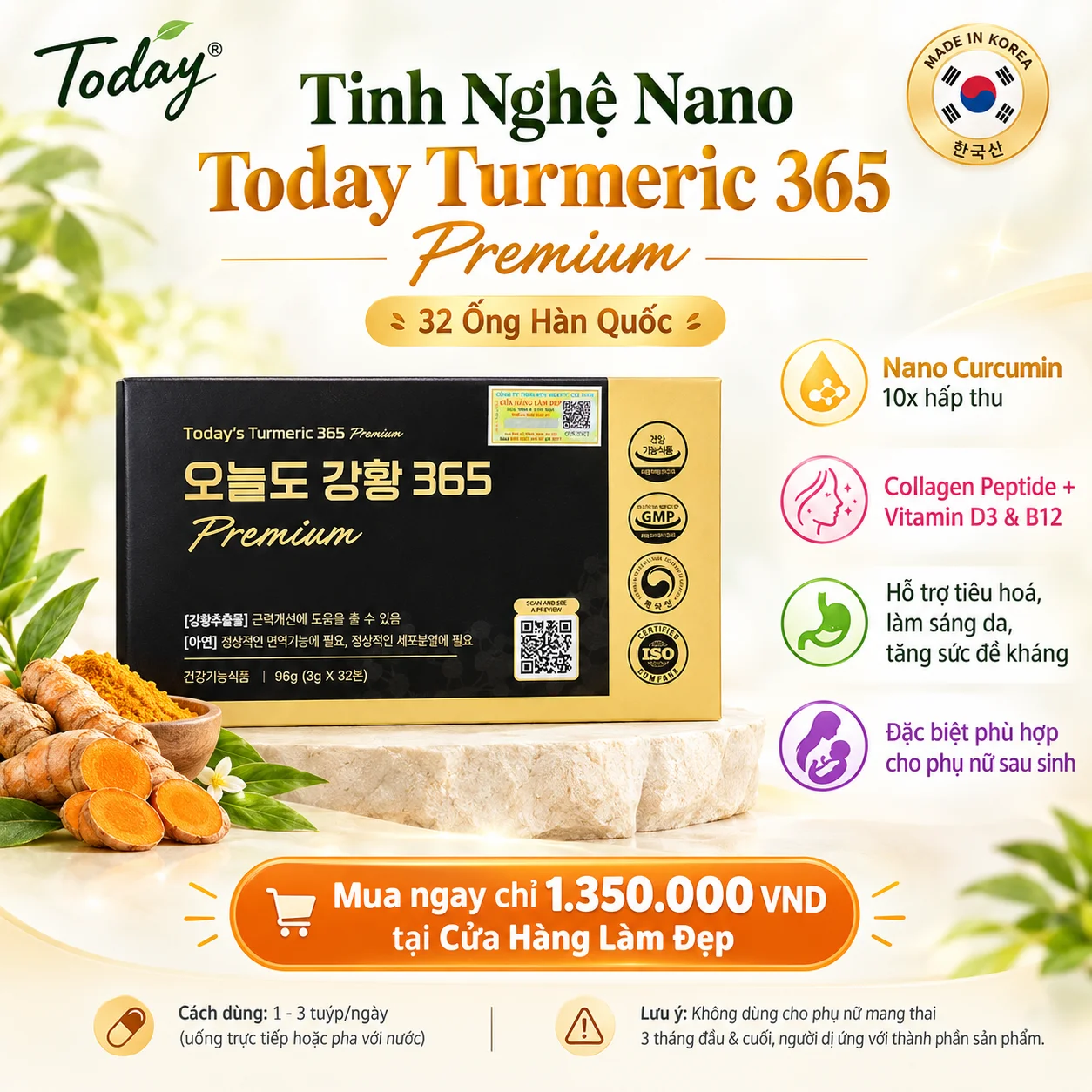 Tinh Nghệ Nano Today Turmeric 365 Premium – 32 Ống Hàn Quốc | Bảo Vệ Sức Khỏe & Làm Đẹp Da