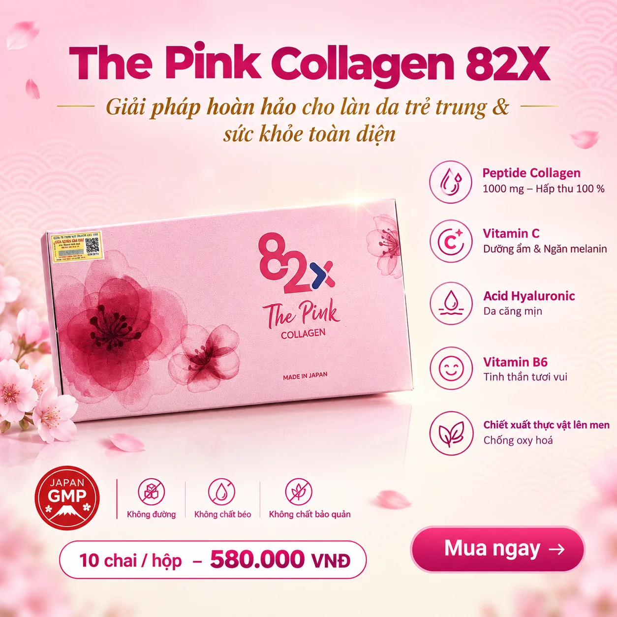 Nước Uống The Pink Collagen 82X Nhật Bản 10 Chai – Collagen Peptide 1000mg Dưỡng Da & Tăng Cường Sức Khỏe