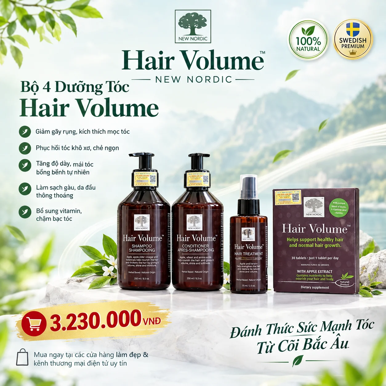 Bộ 4 Sản Phẩm Dưỡng Tóc Hair Volume New Nordic – Giải Pháp Tóc Bồng Bềnh, Giảm Gãy Rụng, Tăng Độ Dày