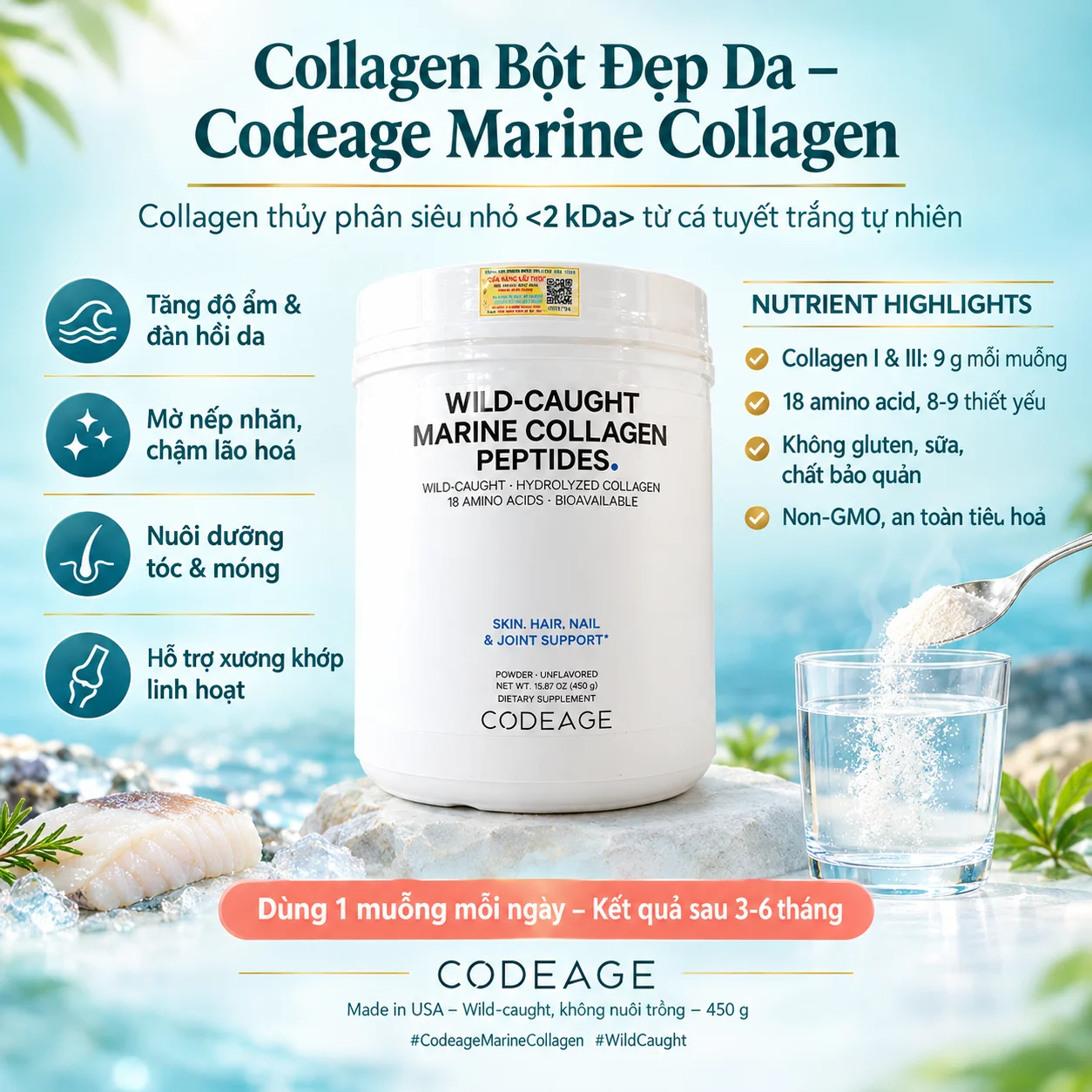 Codeage Wild‑Caught Marine Collagen Peptides 450g – Collagen Bột Đẹp Da USA