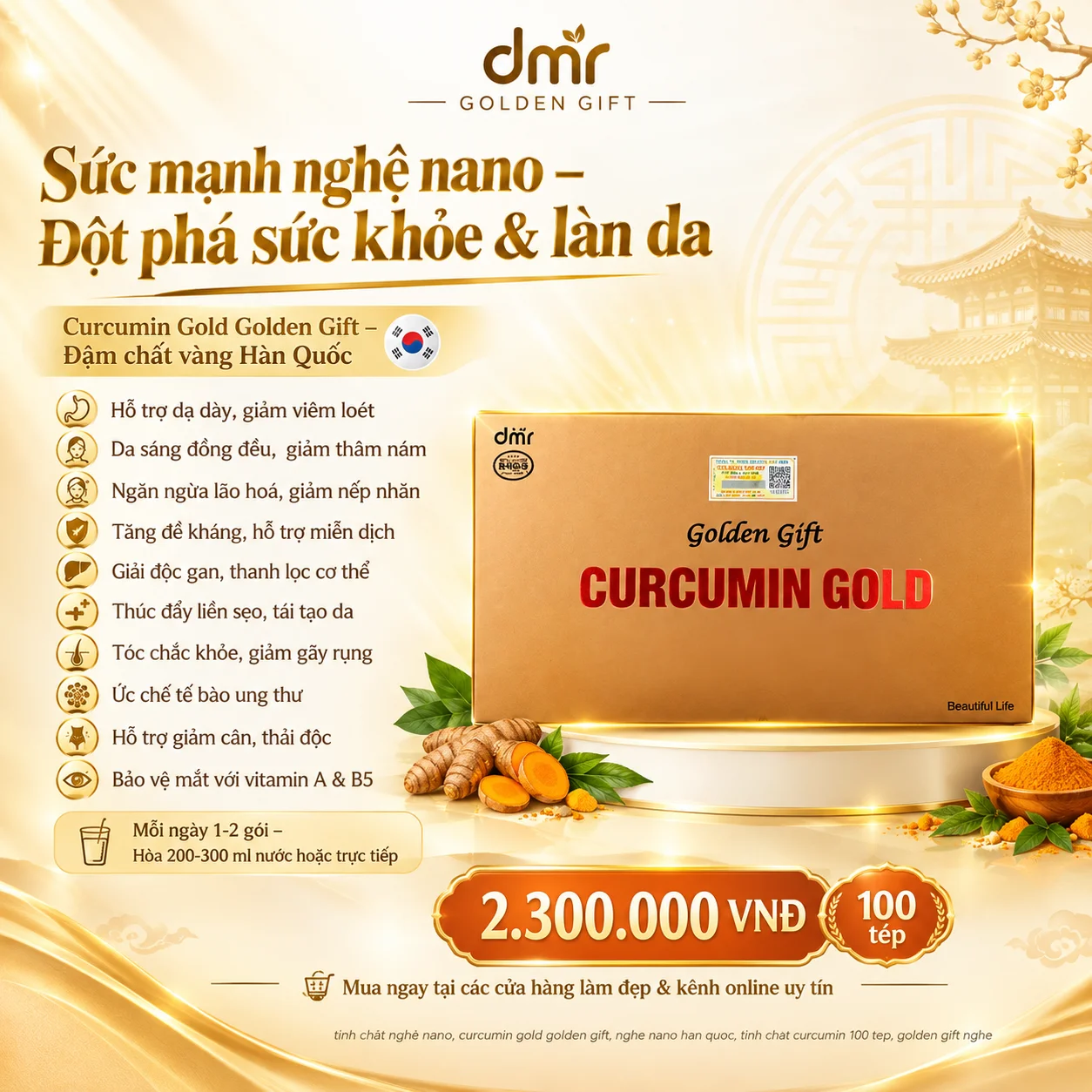 Tinh Chất Nghệ Nano Curcumin Gold Golden Gift 100 Tép – Sản Phẩm Bổ Dưỡng & Làm Đẹp Hàng Đầu Từ Hàn Quốc