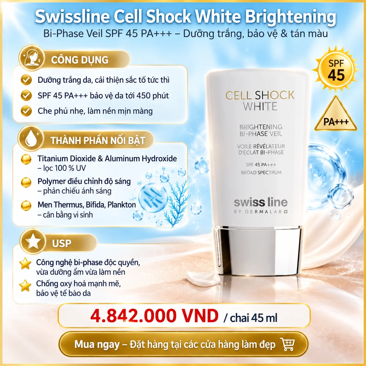 Nhũ Tương Dưỡng Trắng Da Swissline Cell Shock White Brightening Bi-Phase Veil SPF 45 PA+++ 45ml – Review, Công Dụng & Hướng Dẫn