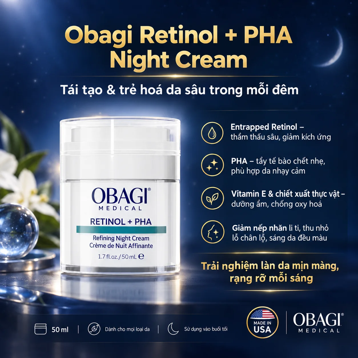 Kem Dưỡng Obagi Medical Retinol + PHA Tái Tạo & Trẻ Hóa Da Ban Đêm 50ml – Obagi Retinol PHA Night Cream