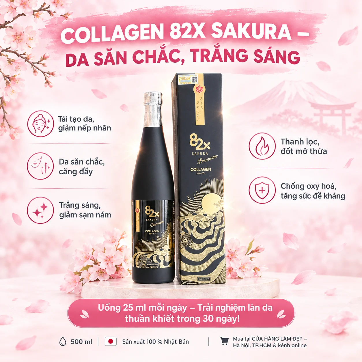 Collagen 82x Sakura Nước Uống Săn Chắc Tái Tạo Trắng Sáng Da Nhật Bản 500ml