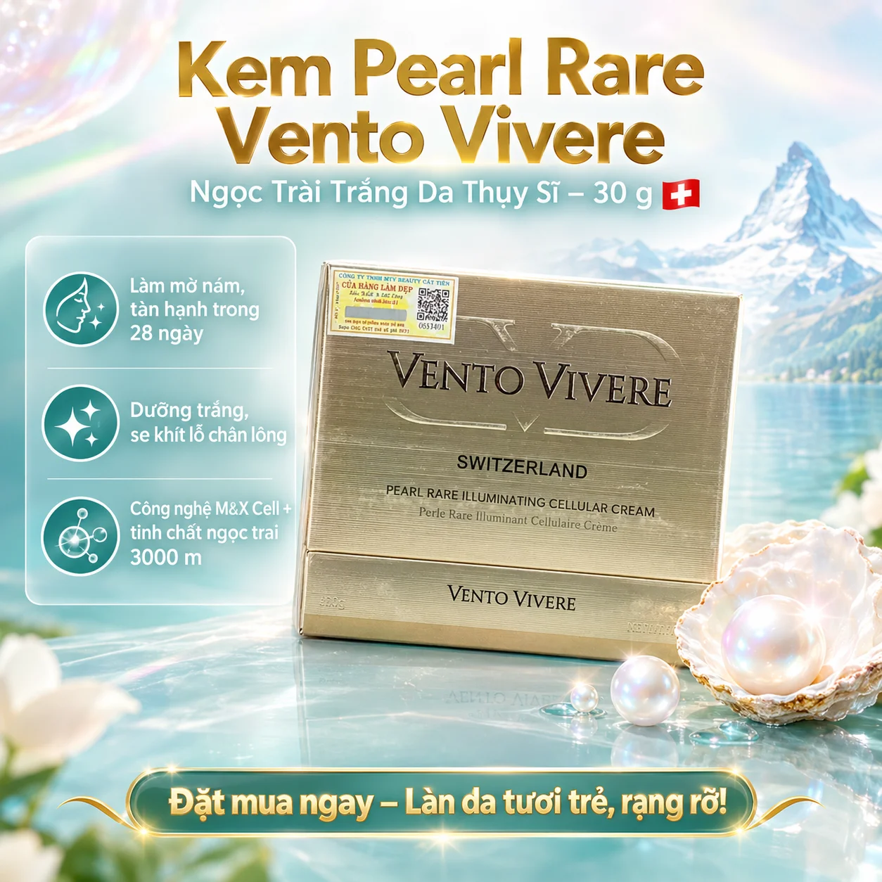 Kem Pearl Rare Vento Vivere Dưỡng Da Mờ Nám Cao Cấp 30g – Ngọc Trài Trắng Da Thụy Sĩ