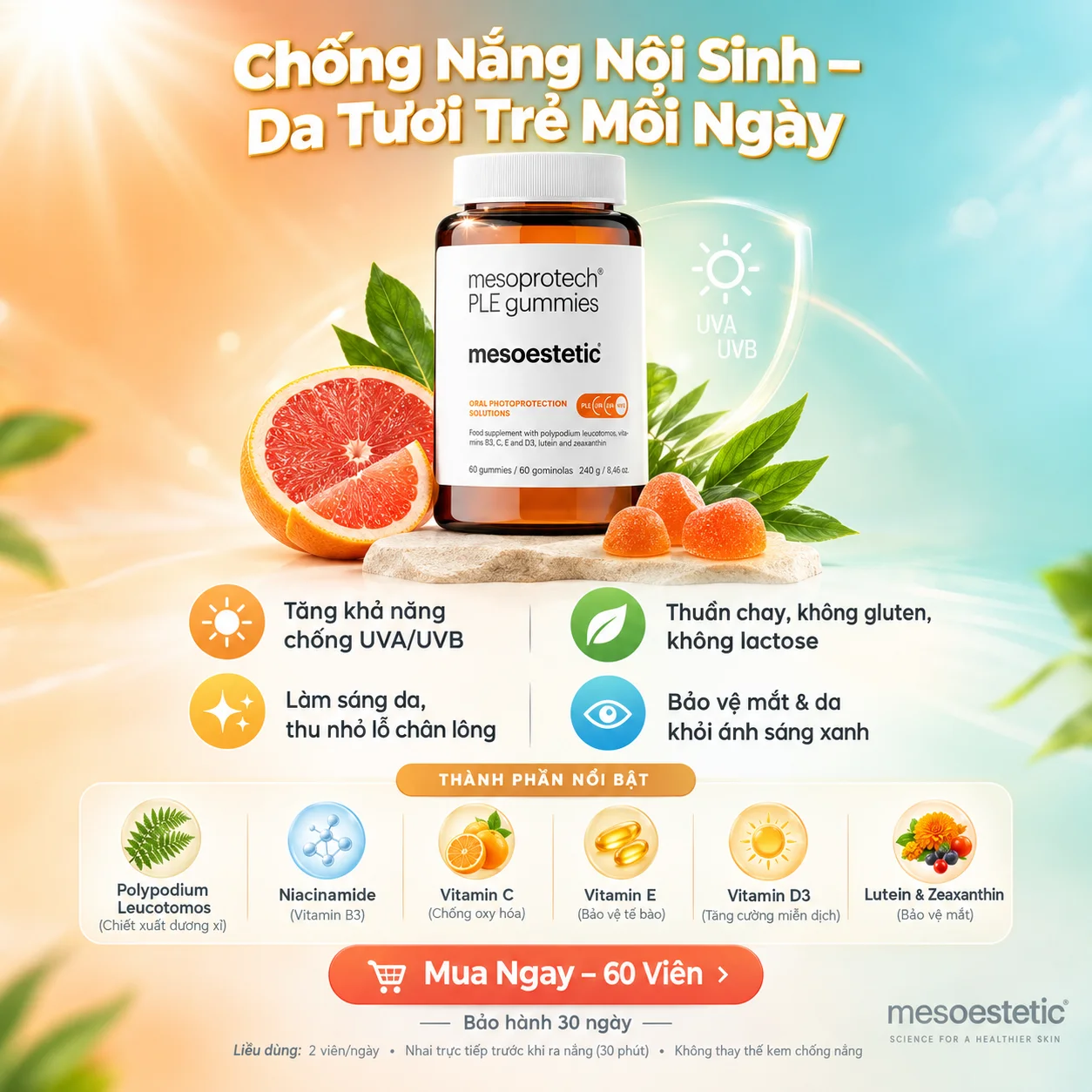 Viên Uống Chống Nắng Dạng Kẹo Dẻo Mesoestetic Mesoprotech PLE Gummies 60 Viên – Bảo Vệ Da Toàn Diện Từ Bên Trong