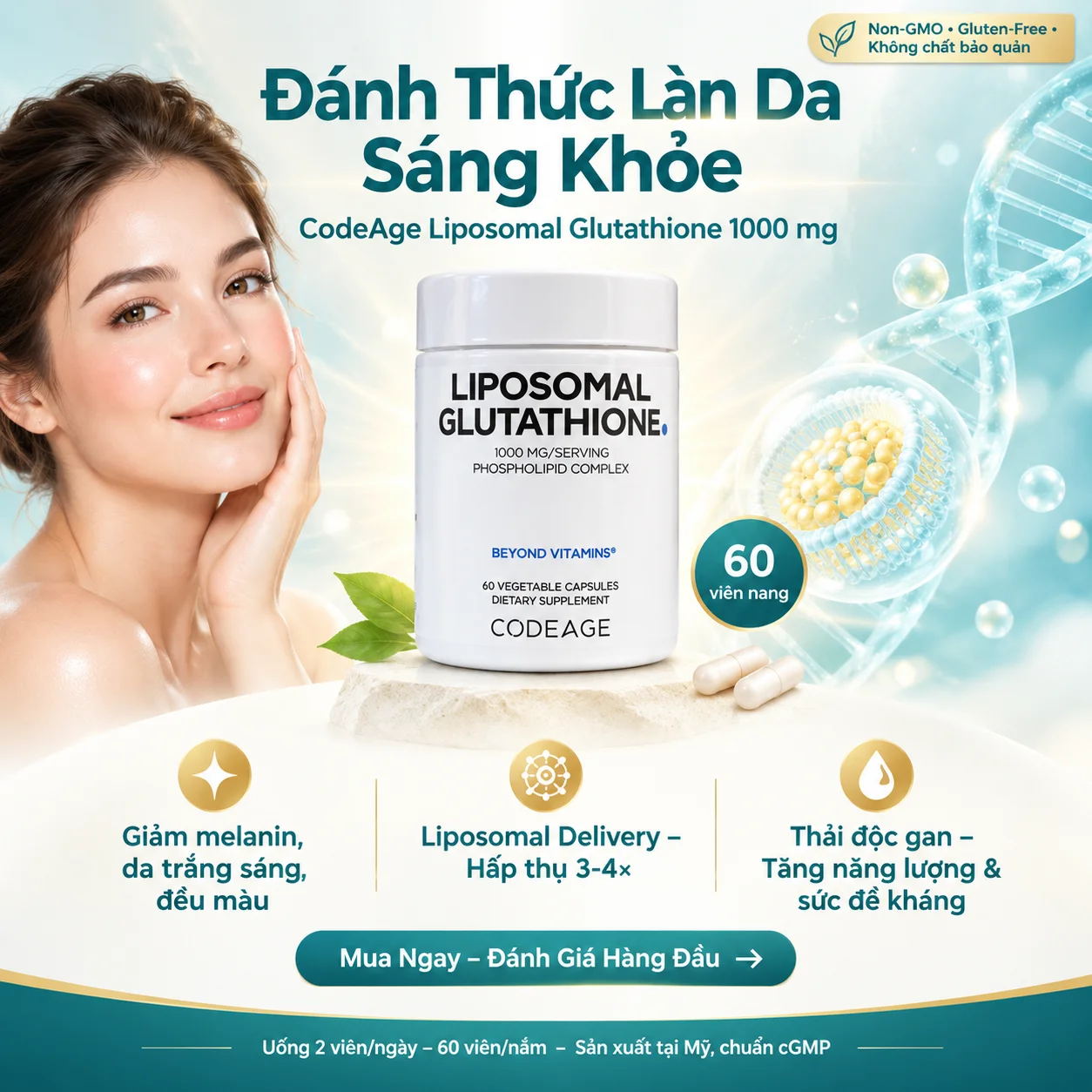 Viên Uống Trắng Da CodeAge Liposomal Glutathione 1000mg – Trắng Da, Chống Lão Hóa, Thải Độc Tối Ưu