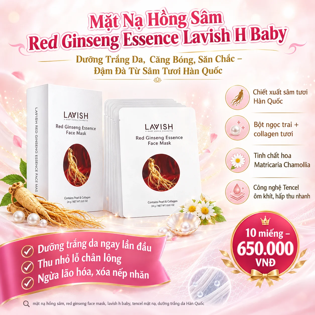 Mặt Nạ Hồng Sâm Red Ginseng Essence Lavish H Baby – Dưỡng Trắng Da Hàn Quốc 10 Miếng