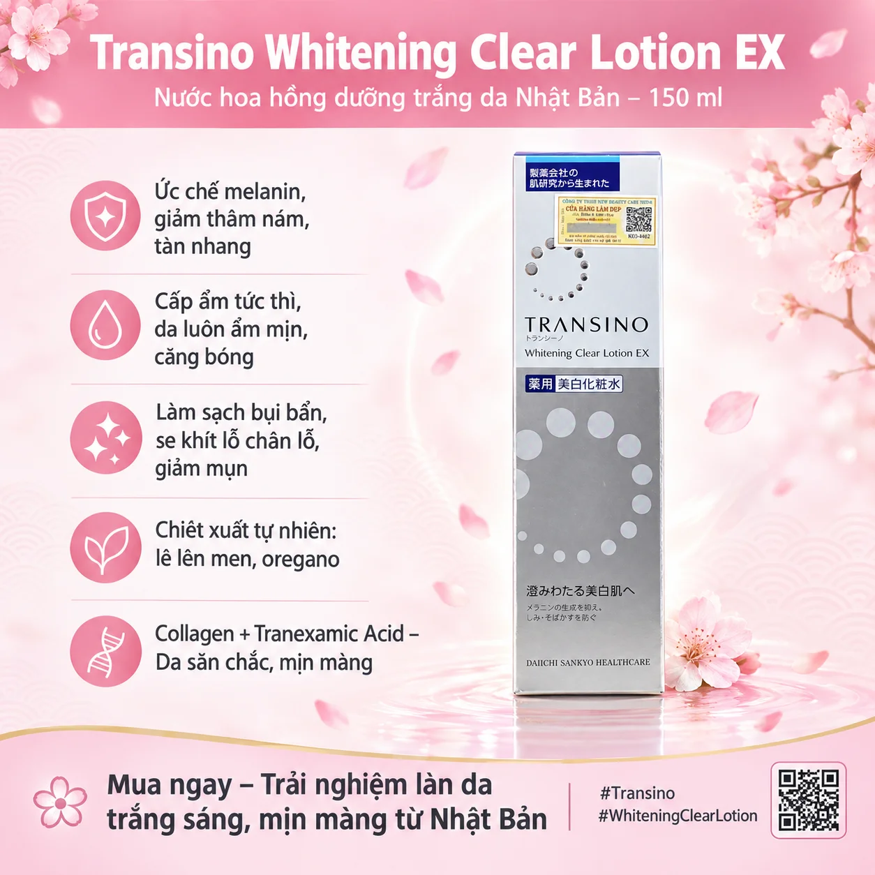 Nước Hoa Hồng Dưỡng Trắng Da Transino Whitening Clear Lotion EX – Dưỡng trắng da Nhật Bản 150ml