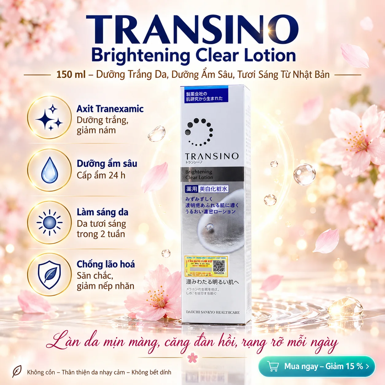 Nước Hoa Hồng TRANSINO Brightening Clear Lotion 150ml – Dưỡng Trắng Da, Dưỡng Ẩm Sâu & Làn Da Tươi Sáng Từ Nhật Bản