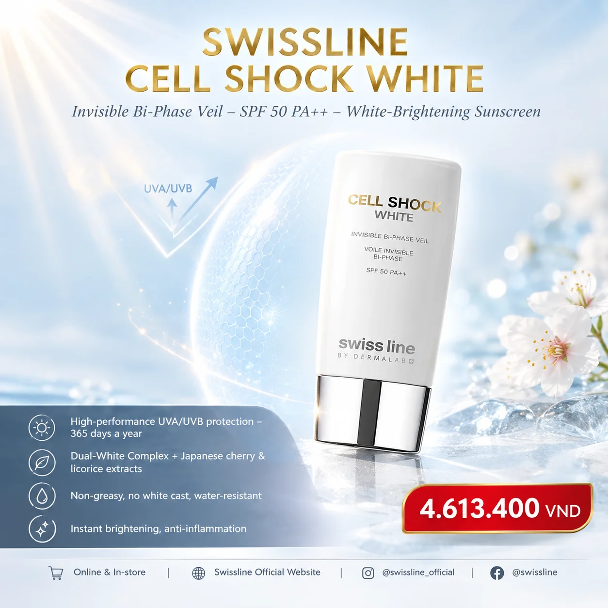 Sữa Chống Nắng Trắng Da Swissline Cell Shock White Invisible Bi-Phase Veil SPF50 PA++ – Bảo Vệ & Trắng Da Tối Ưu