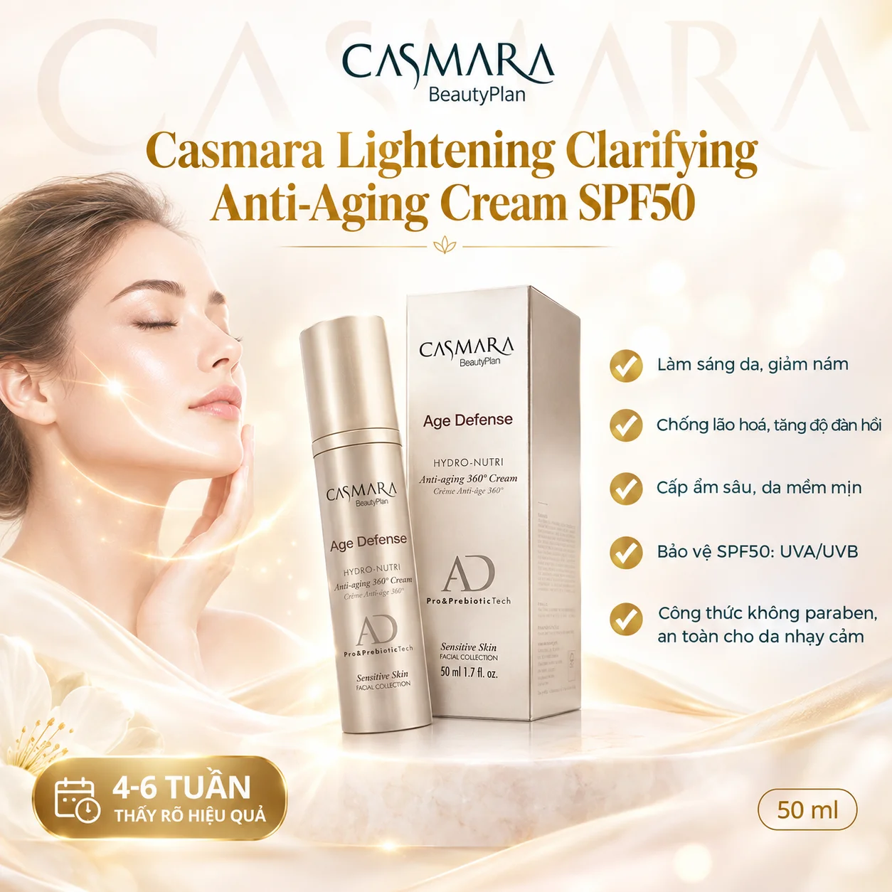 Kem Dưỡng Giảm Mờ Nám, Làm Sáng Da Casmara Lightening Clarifying Anti-Aging Cream SPF50 50ml – Da Rạng Rỡ, Trẻ Trung