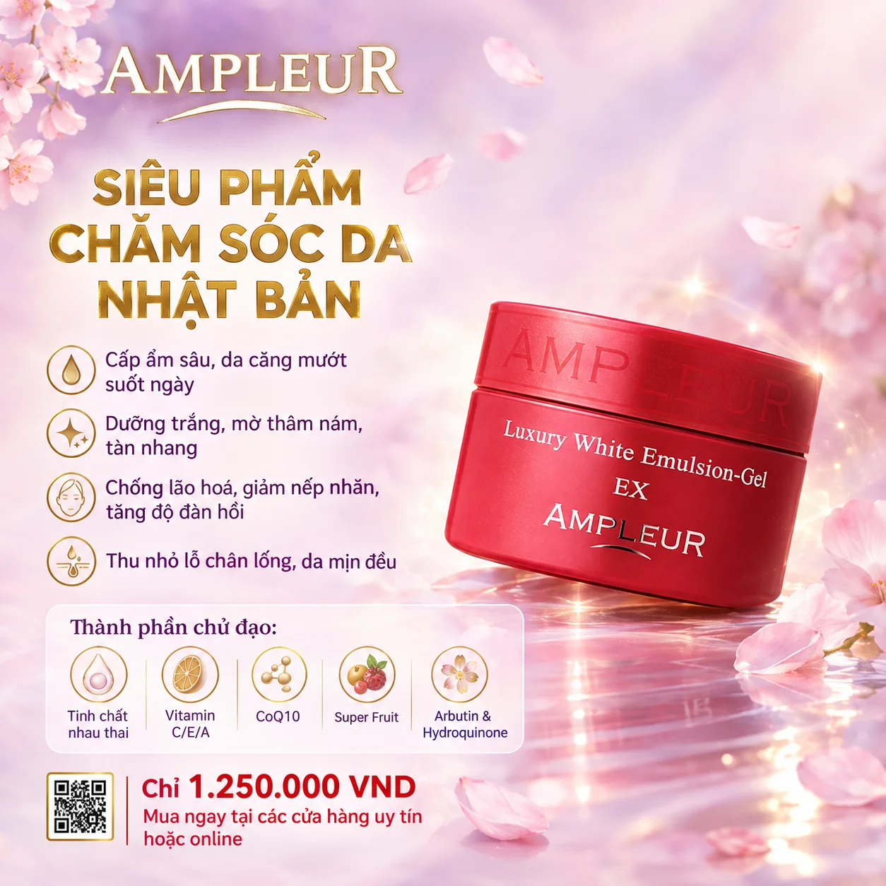 Kem Dưỡng Ampleur Luxury White Emulsion‑Gel EX 50g – Dưỡng ẩm sâu, Trắng da & Chống lão hoá