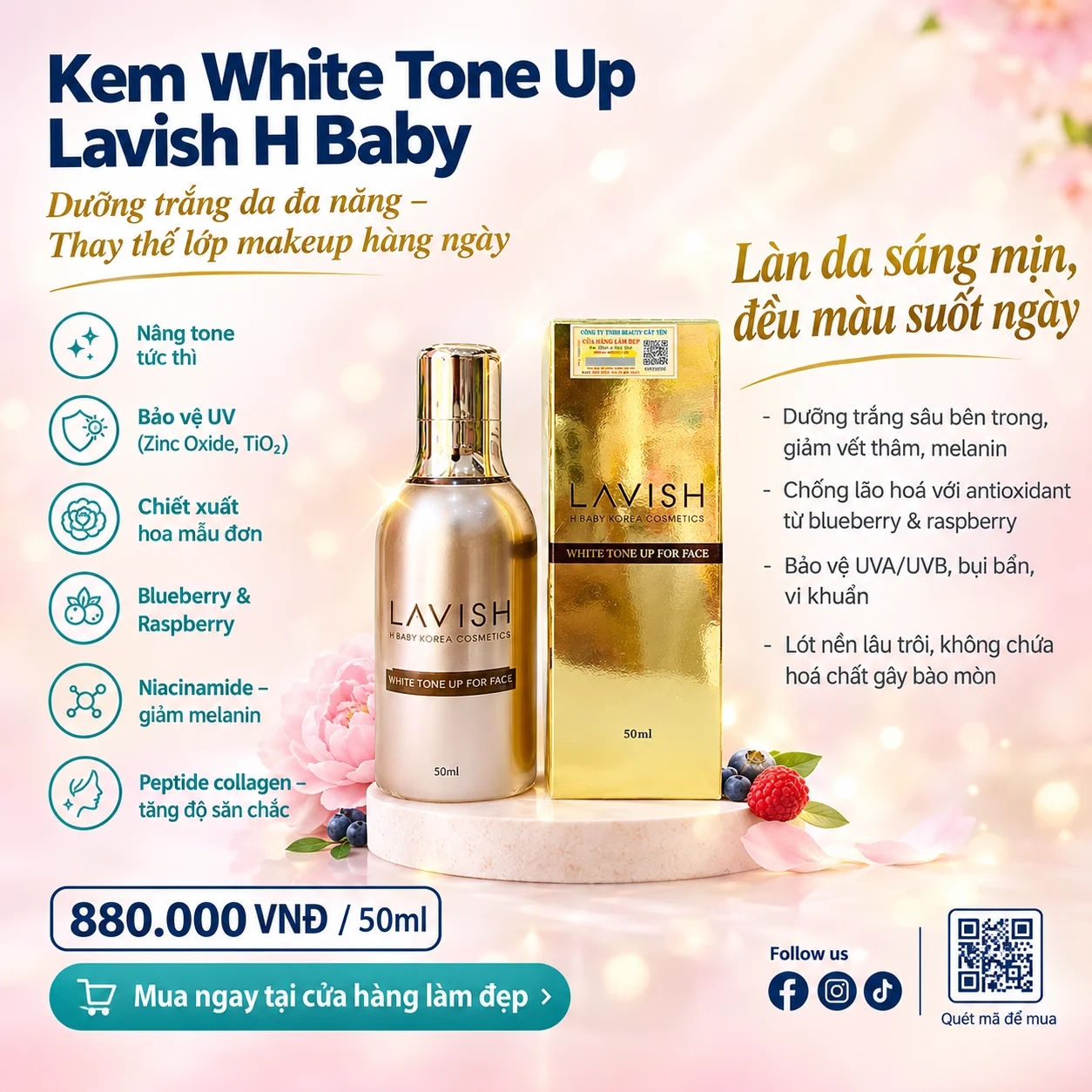 Kem White Tone Up For Face Lavish H Baby 50ml – Dưỡng Trắng Da, Thay Thế Makeup Hàn Quốc