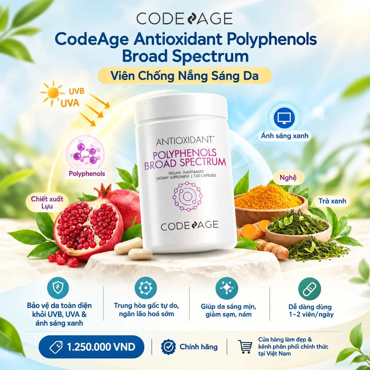 Viên Chống Nắng Sáng Da CodeAge Antioxidant Polyphenols Broad Spectrum - Bảo Vệ Da Toàn Diện Từ Mỹ