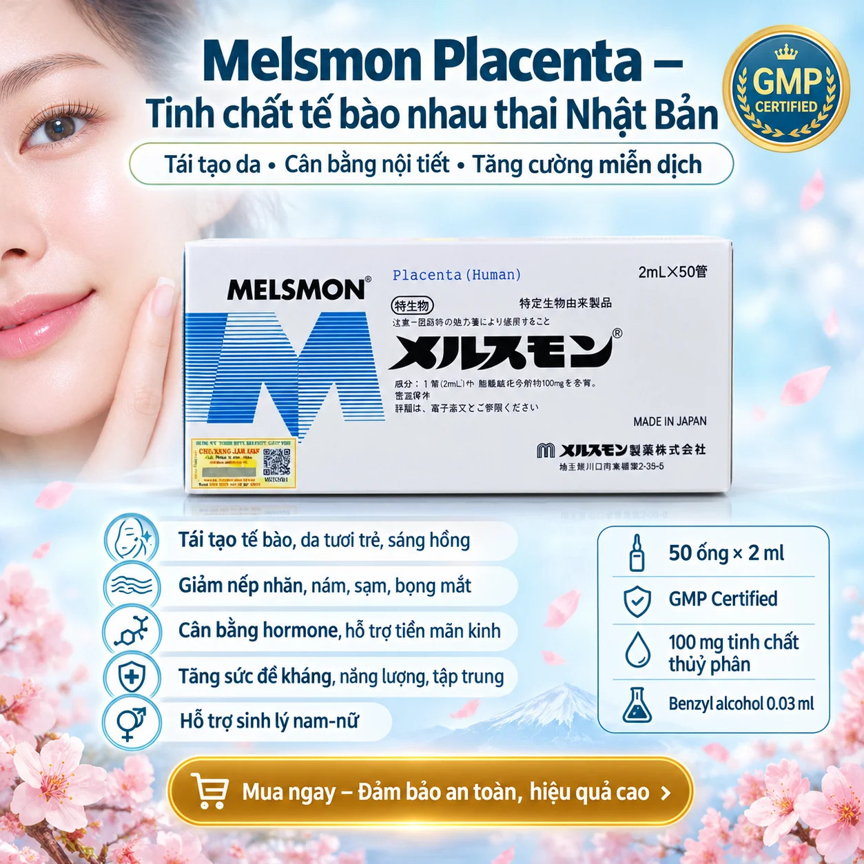 Melsmon Placenta Nhật Bản (50 ống x 2ml) – Tái tạo da, chống lão hóa, tăng sức đề kháng