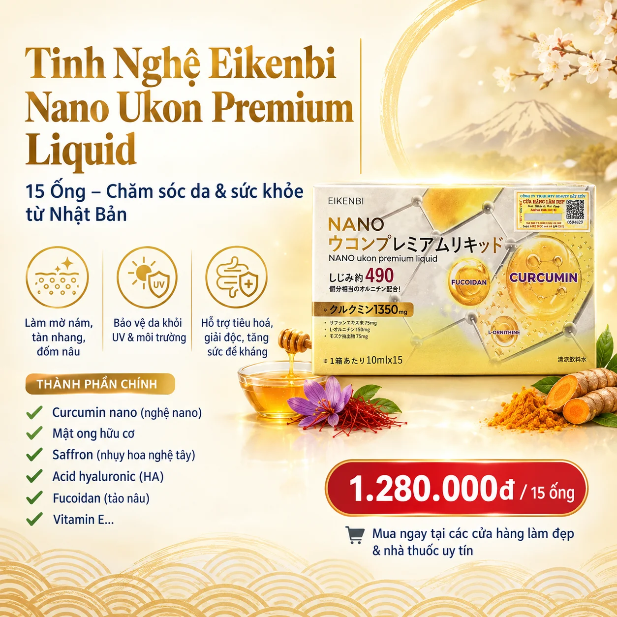 Tinh Nghệ Eikenbi Nano Ukon Premium Liquid 15 Ống – Giải pháp làm mờ thâm nám, bảo vệ da và sức khỏe toàn diện
