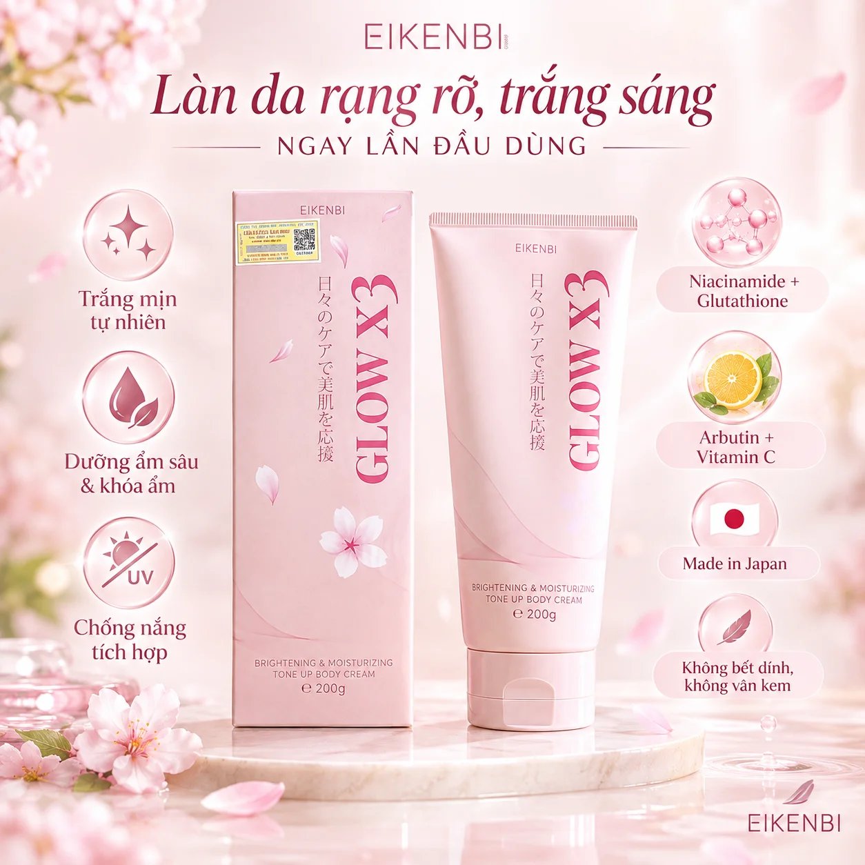 Kem Dưỡng Kích Trắng Body Glow X3 Eikenbi 200g - Trắng Mịn Tự Nhiên, Dưỡng ẩm & Chống Nắng