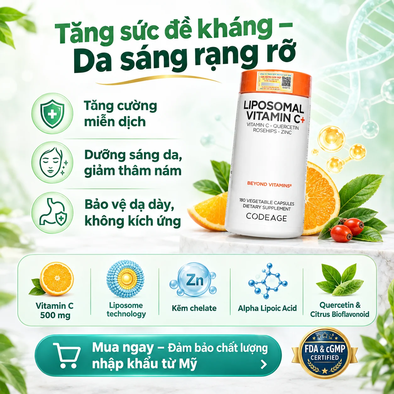 Codeage Liposomal Vitamin C 500mg – Viên Uống Trắng Da, Tăng Sức Đề Kháng 180 Viên (Mỹ)