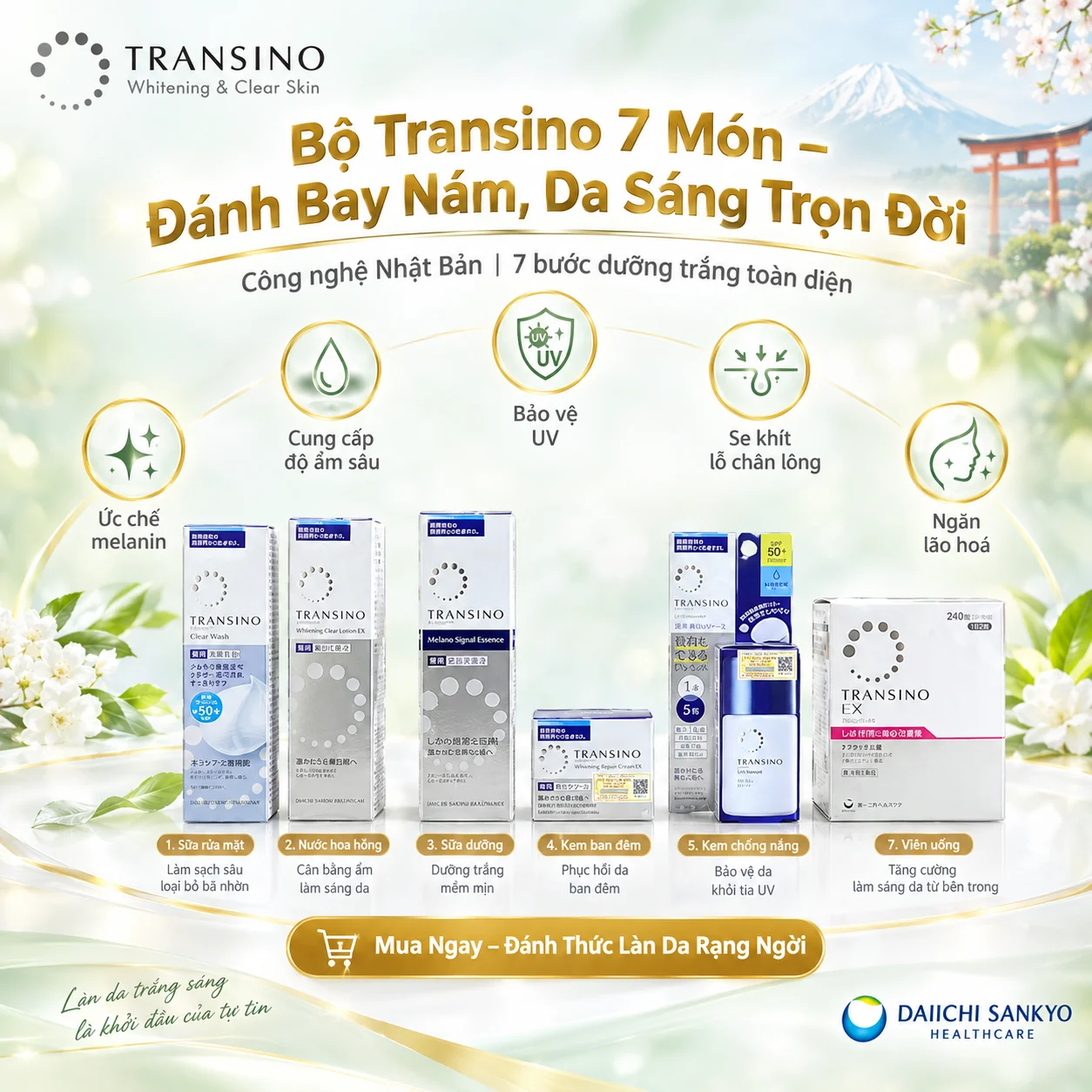 Bộ Transino Mờ Nám, Dưỡng Trắng Da Nhật Bản 7 Món – Giải pháp toàn diện cho làn da sáng mịn