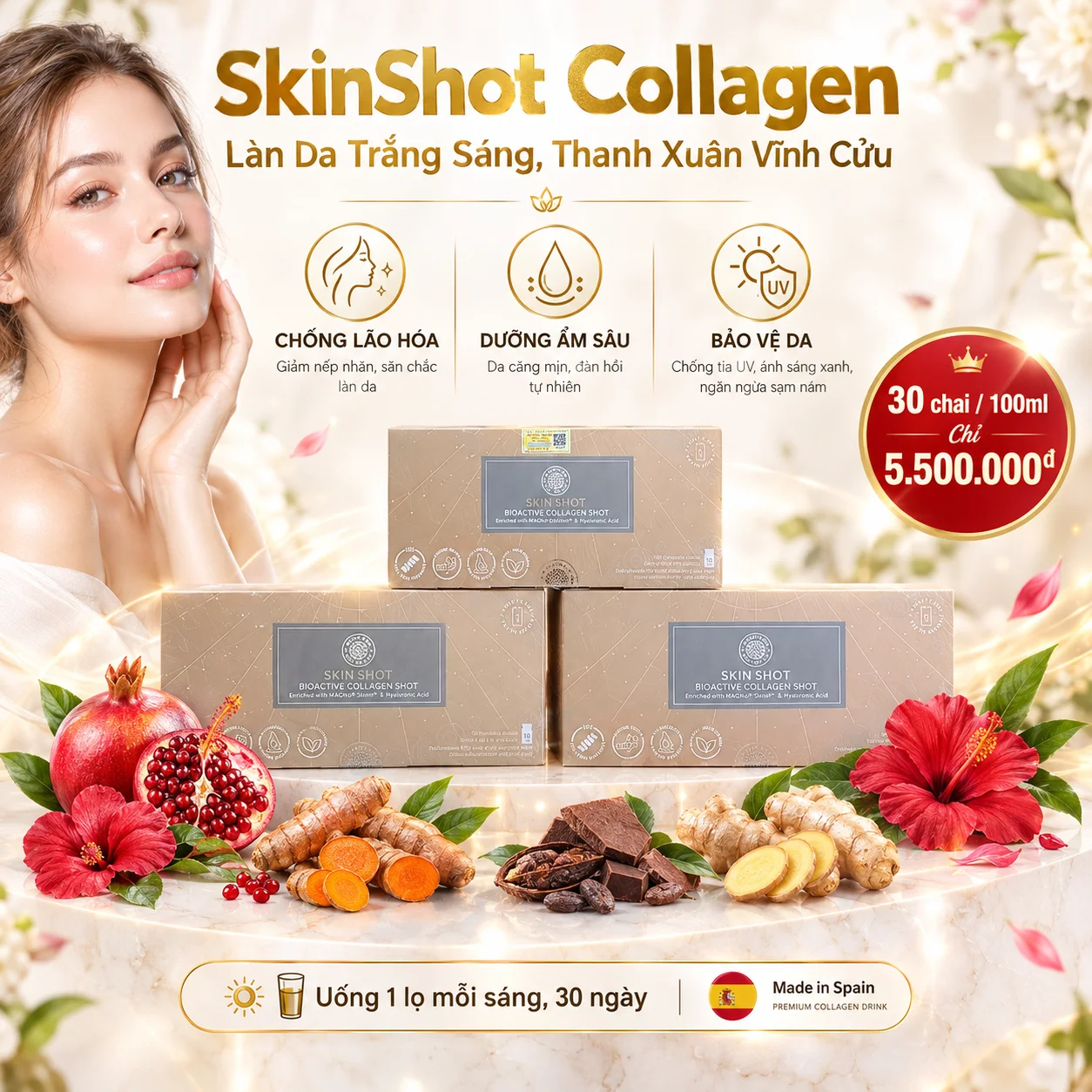 Nước Uống Collagen Skin Shot Cao Cấp Trắng Sáng – Giảm Nám Da, Chống Lão Hóa | SkinShot Spain 30 chai 100ml