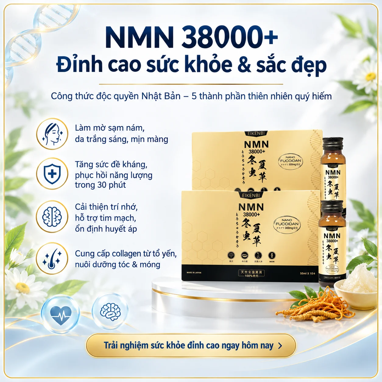 Nước Uống NMN 38000+ Đông Trùng Hạ Thảo Eikenbi – Giải pháp ngừa lão hoá, tăng sức đề kháng từ Nhật Bản
