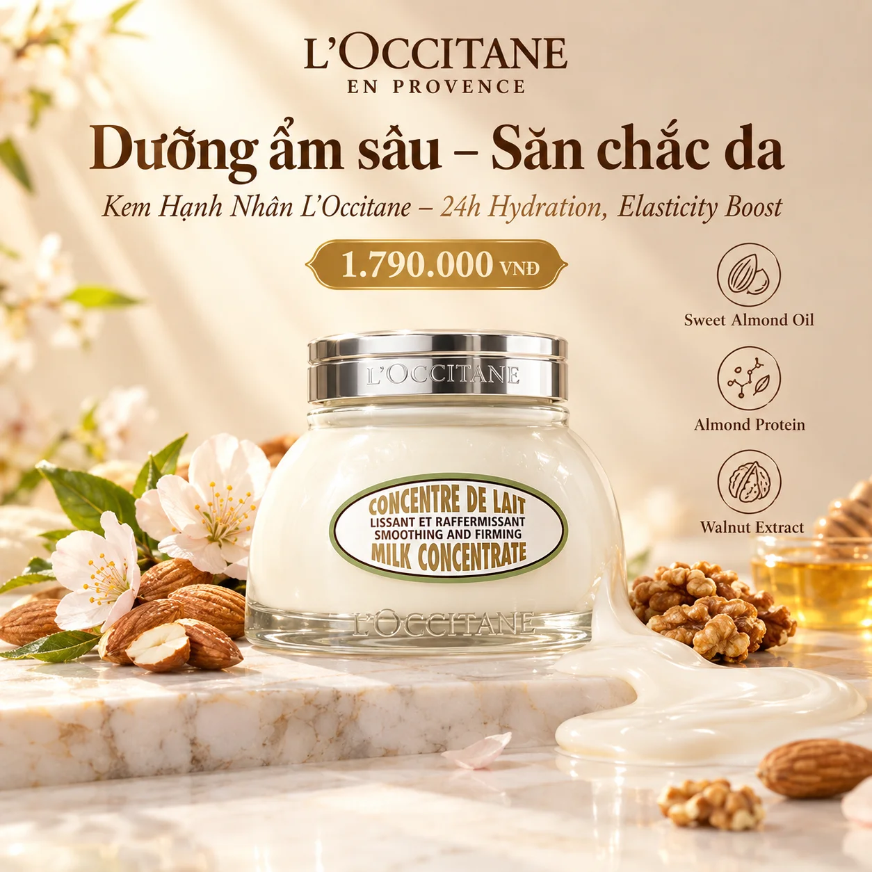 Kem Hạnh Nhân L'Occitane Almond Milk Concentrate 200ml - Dưỡng ẩm sâu & Săn chắc da