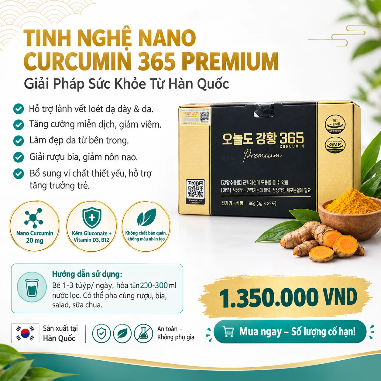 Tinh Nghệ Nano Curcumin 365 Premium 32 Tuýp – Hỗ Trợ Sức Khỏe Toàn Diện Từ Hàn Quốc