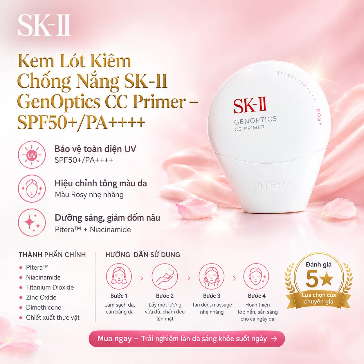Kem Chống Nắng Trang Điểm SK-II GenOptics CC Primer SPF50+/PA++++ Rosy – Đánh Giá, Thành Phần & Hướng Dẫn Sử Dụng
