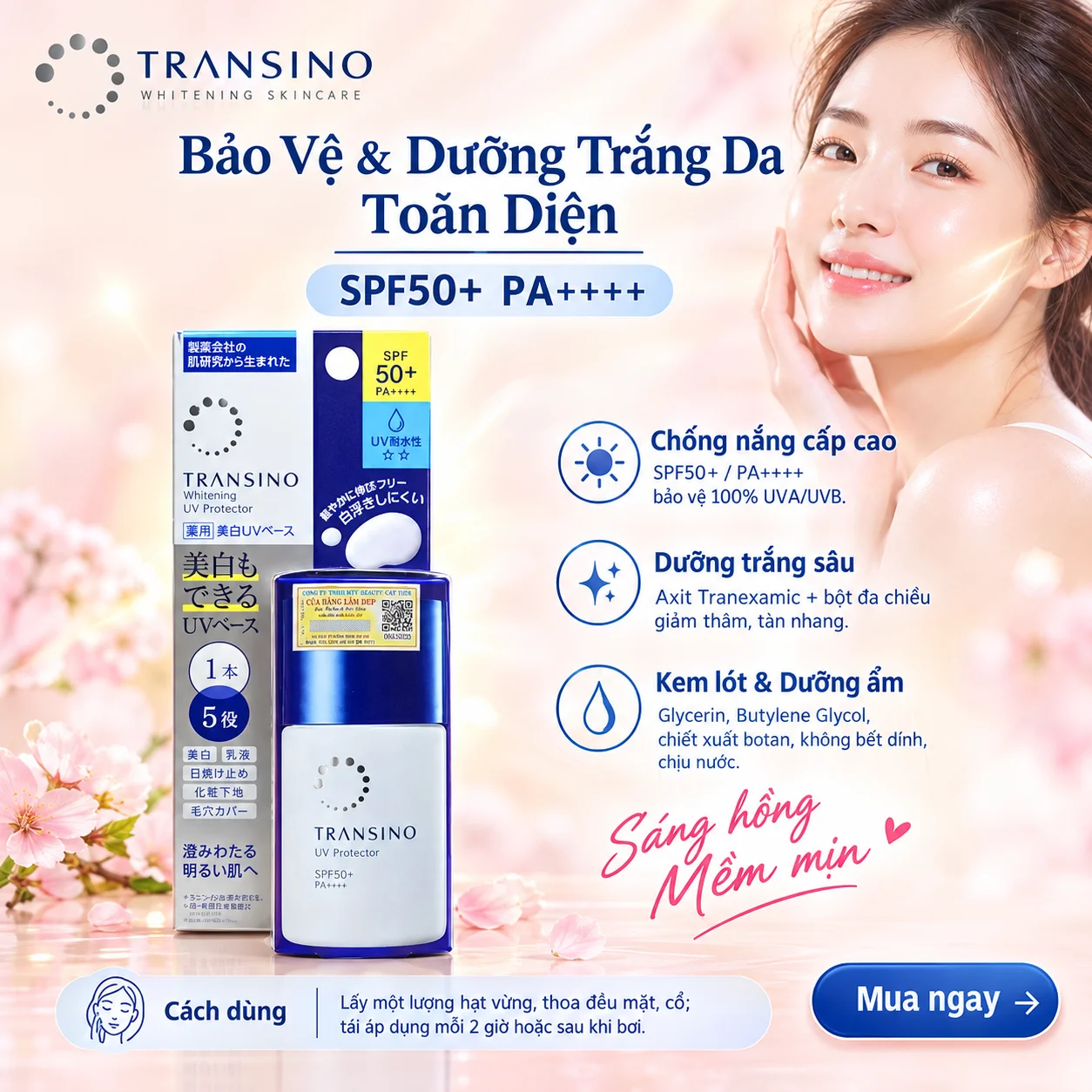 Kem Chống Nắng Hỗ Trợ Dưỡng Trắng, Dưỡng Ẩm Transino Whitening UV Protector SPF50+ PA++++ – Bảo Vệ & Trắng Da Từ Nhật Bản