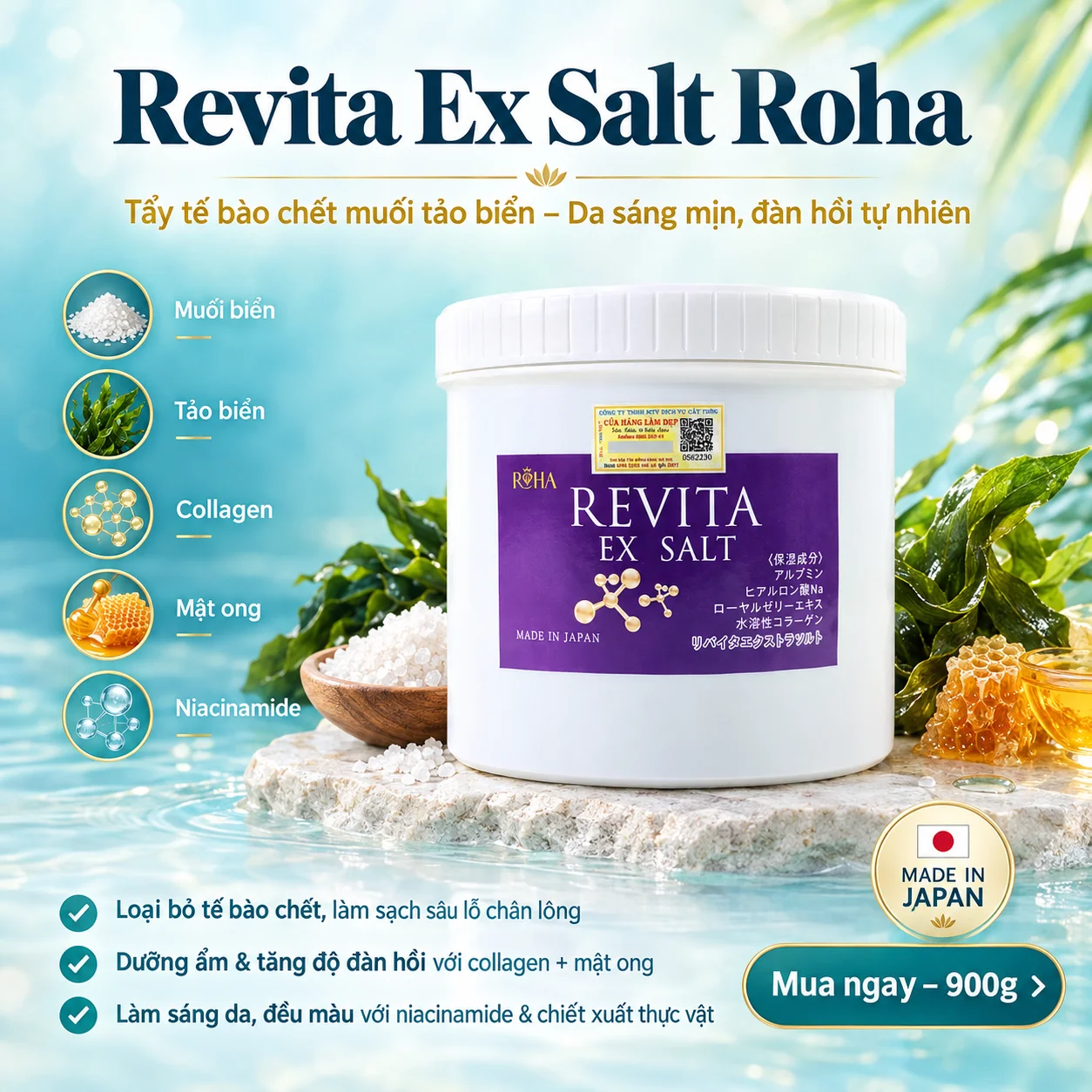Revita Ex Salt Roha Tẩy Tế Bào Chết Muối Tảo Biển 900g – Da Sạch Sâu, Sáng Mịn, Đàn Hồi Tự Nhiên